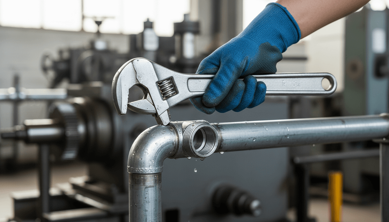 Gloved hand tightening a steel pipe fitting with a heavy wrench