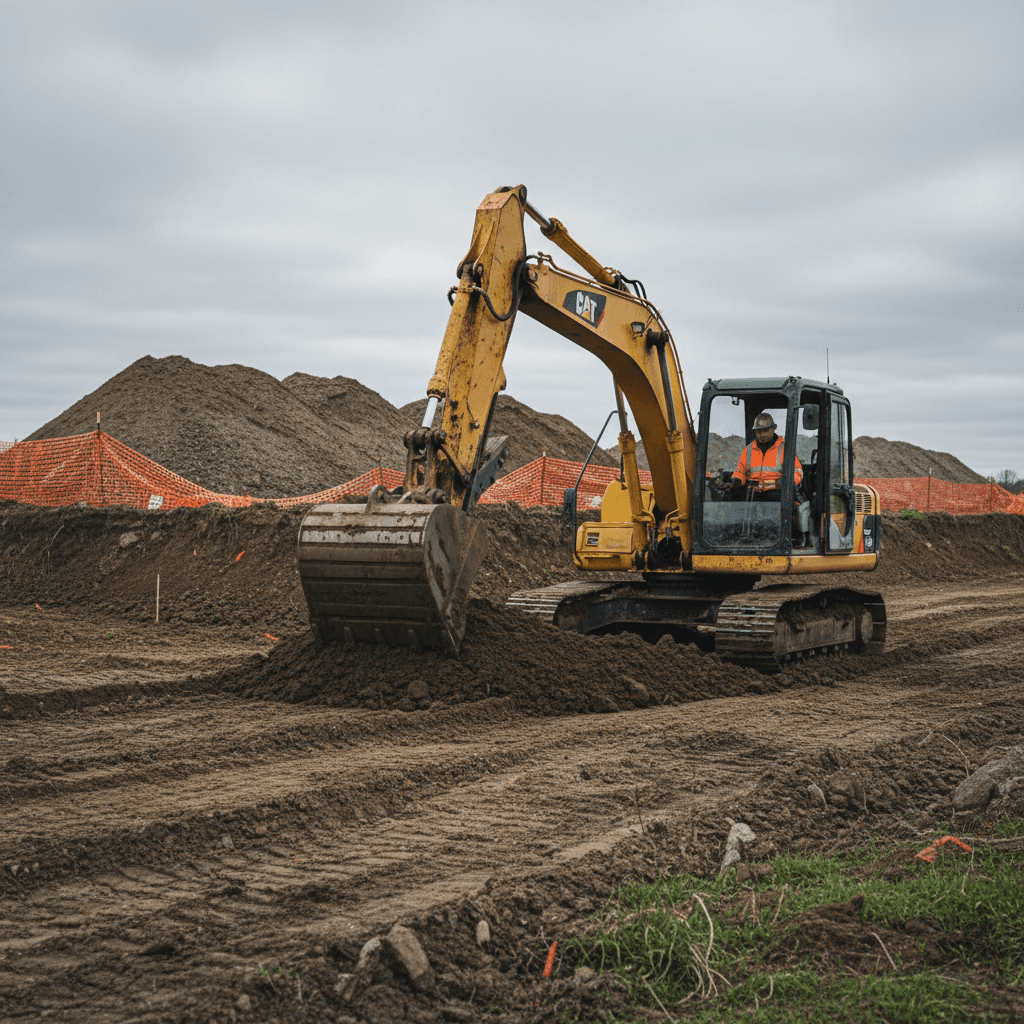 Excavator grading a residential construction lot