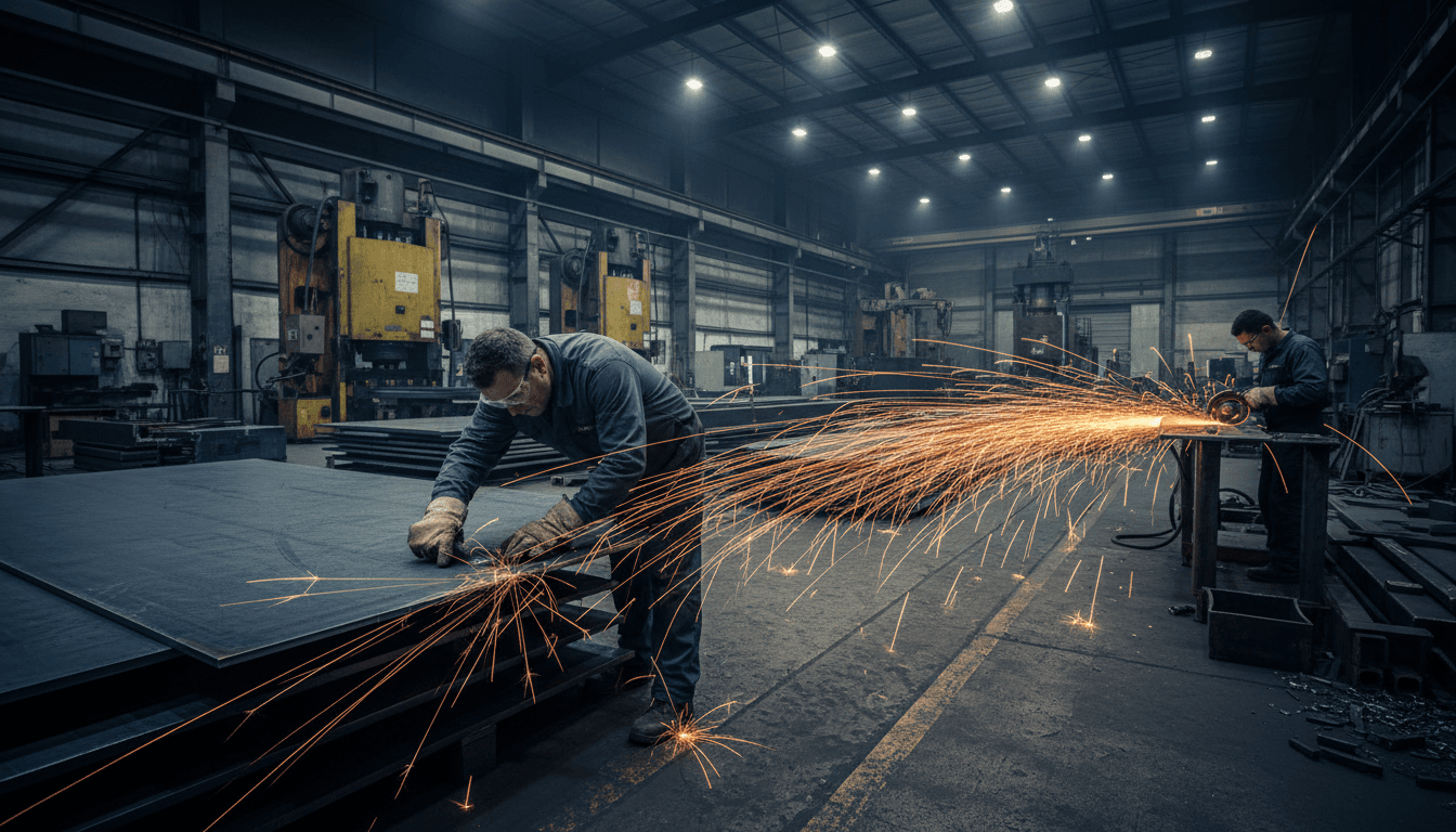 Machinist inspecting a precision cut on steel plate in a fabrication shop