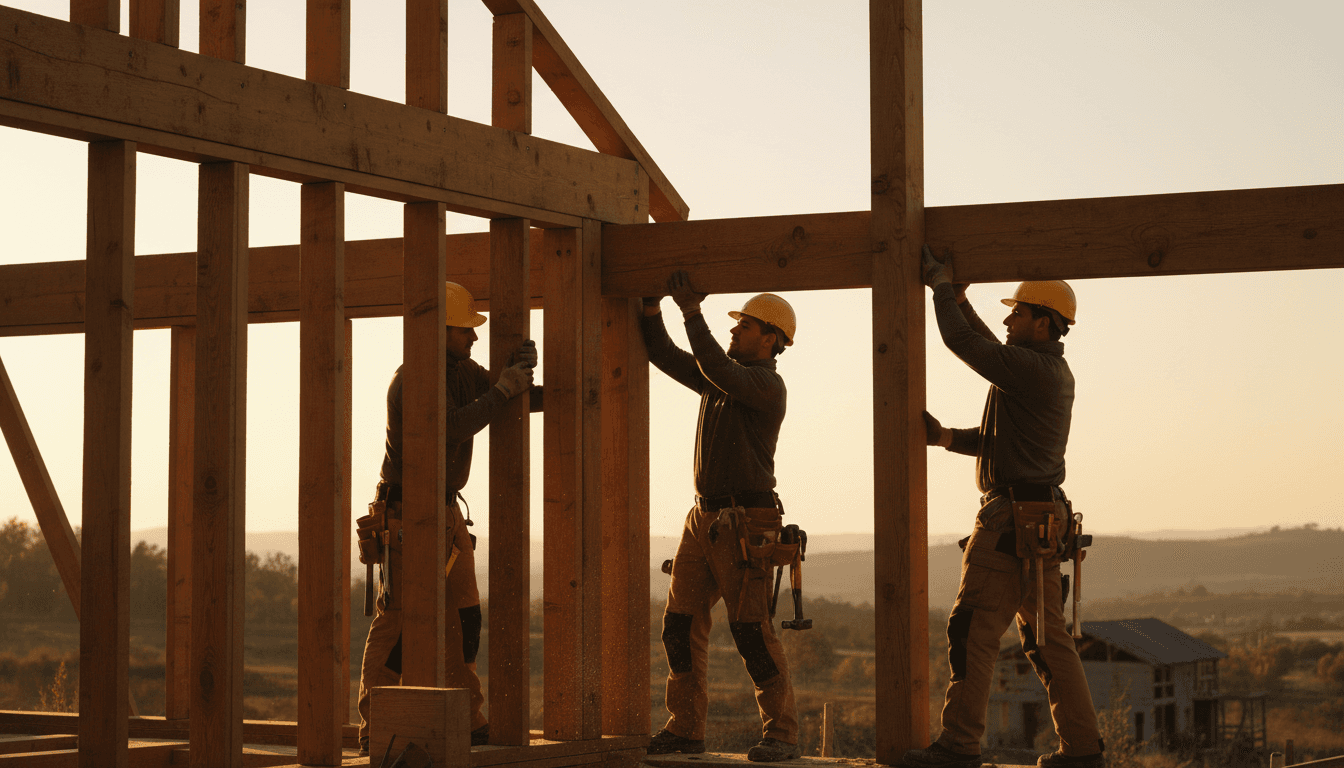 Construction crew framing a new building at sunset