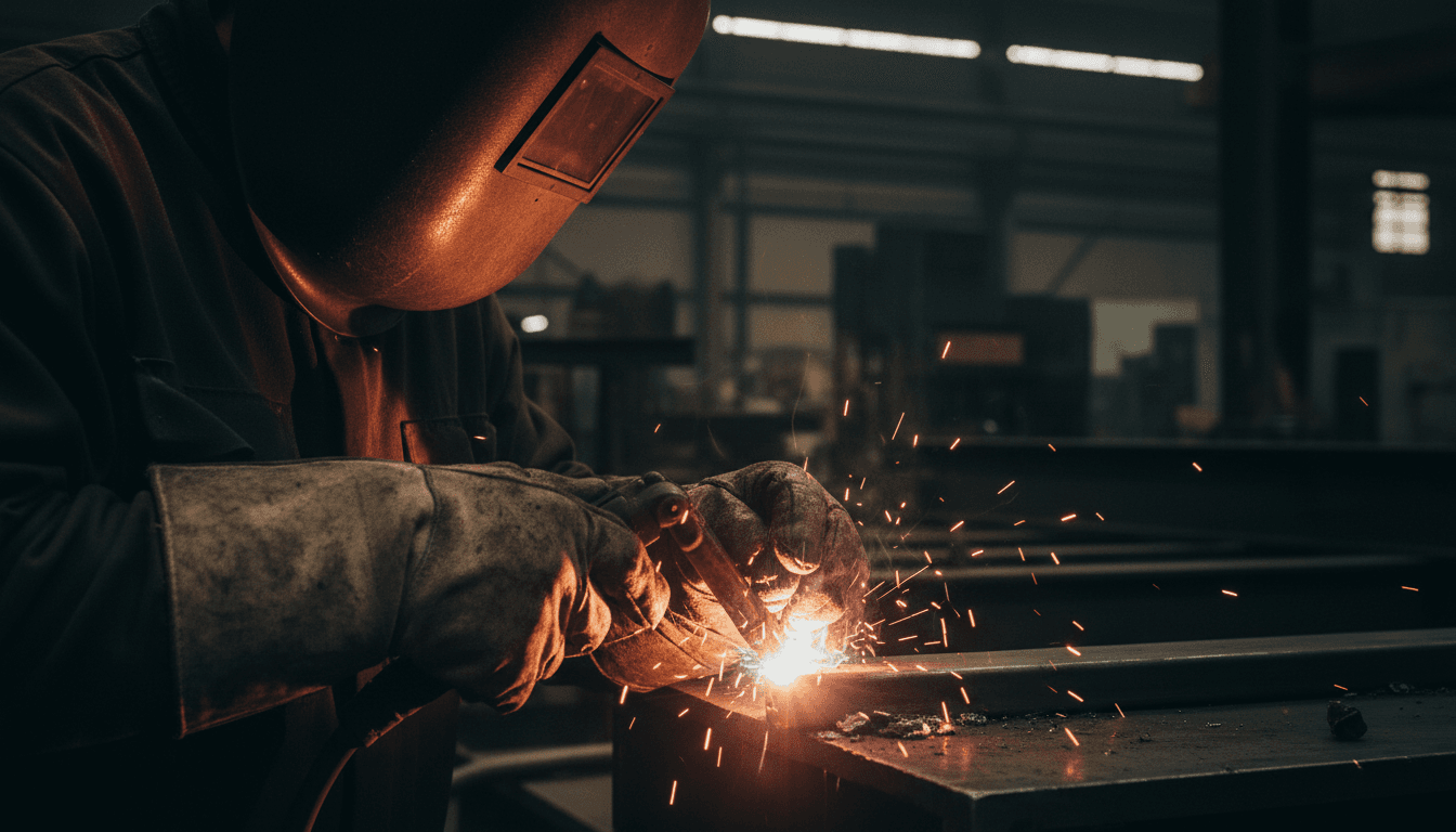 Close-up of a welding arc through a welding helmet visor