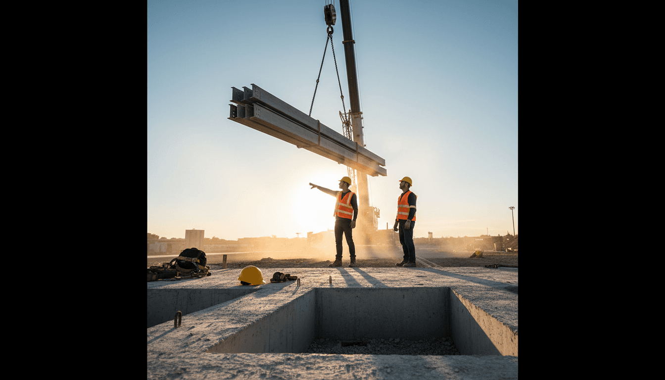 Construction crew guiding a steel beam lift during late afternoon