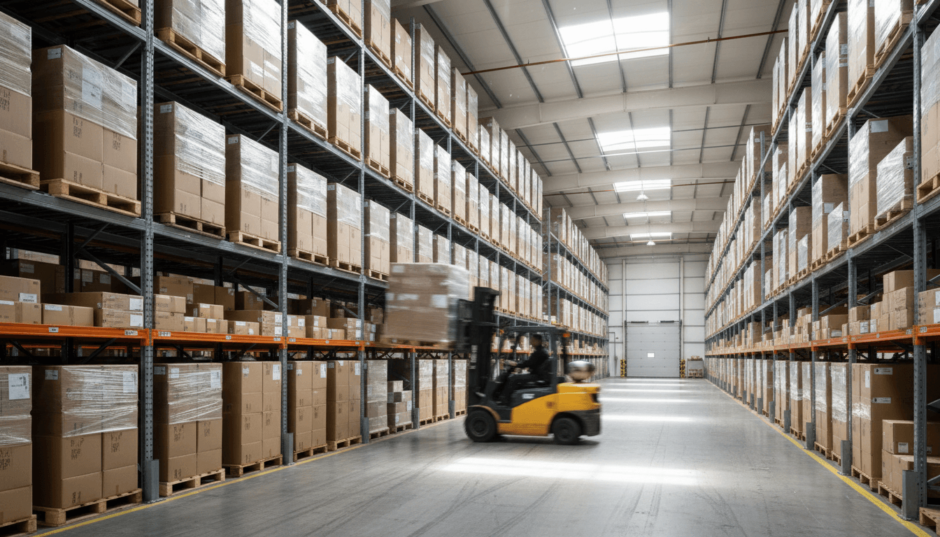 Forklift operator stocking pallets in a large distribution warehouse