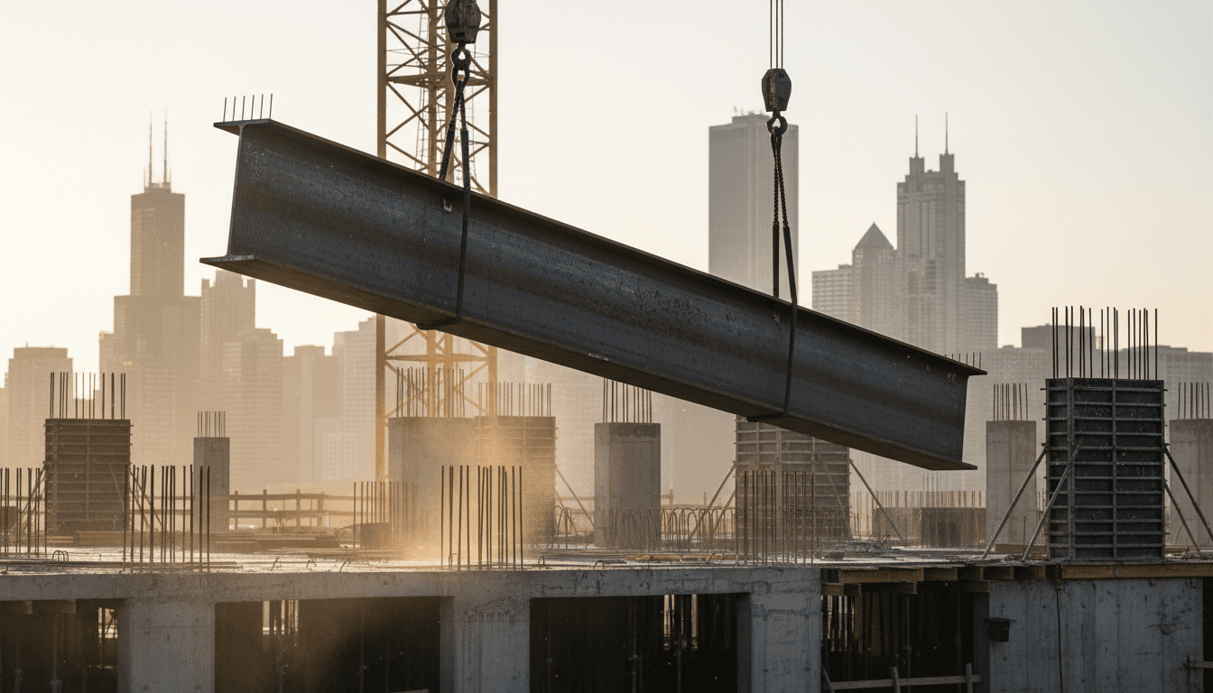 Steel beam lifted by crane against early morning skyline