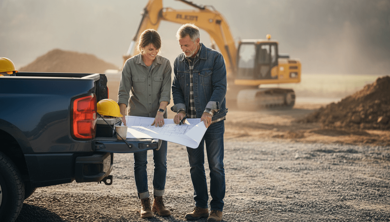 Two project managers reviewing blueprints on a truck tailgate at sunrise