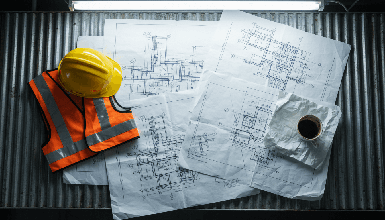 Blueprints and hard hat on metal table at construction site