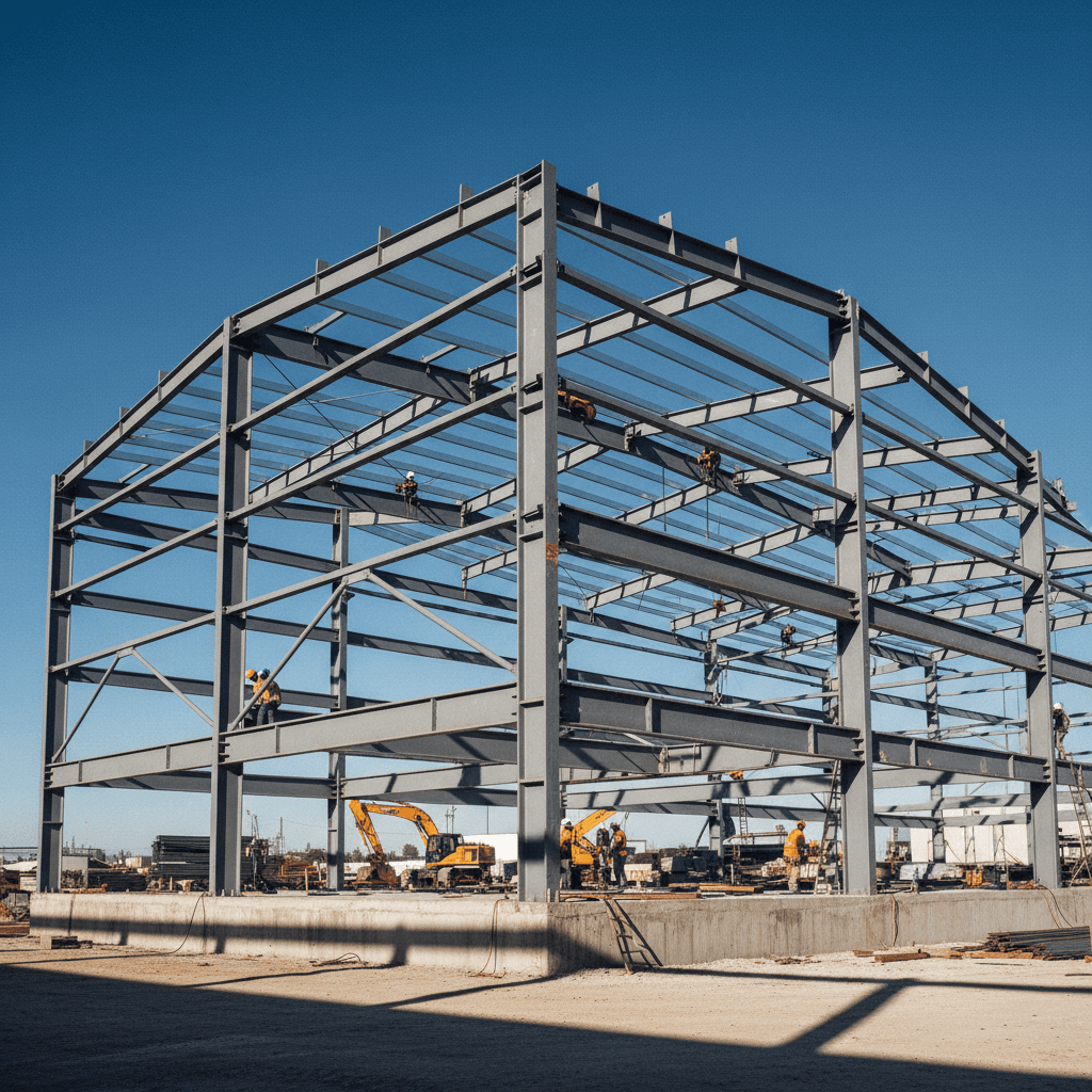 Steel structure under construction with crew at work