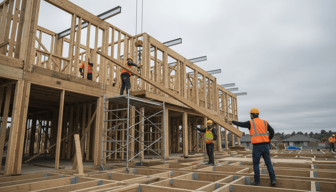 Multiple construction workers collaborating on structural framing of residential building with safety equipment and materials