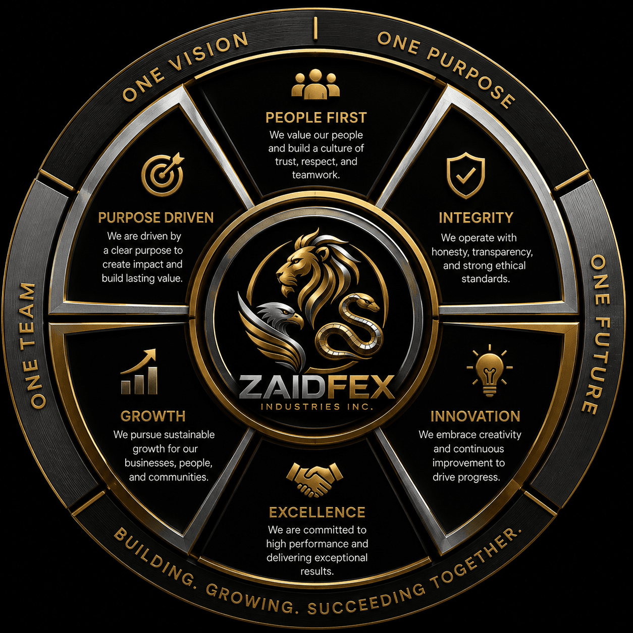 Circular infographic for Zaidfex Industries Inc. detailing six core values and corporate mission statements.