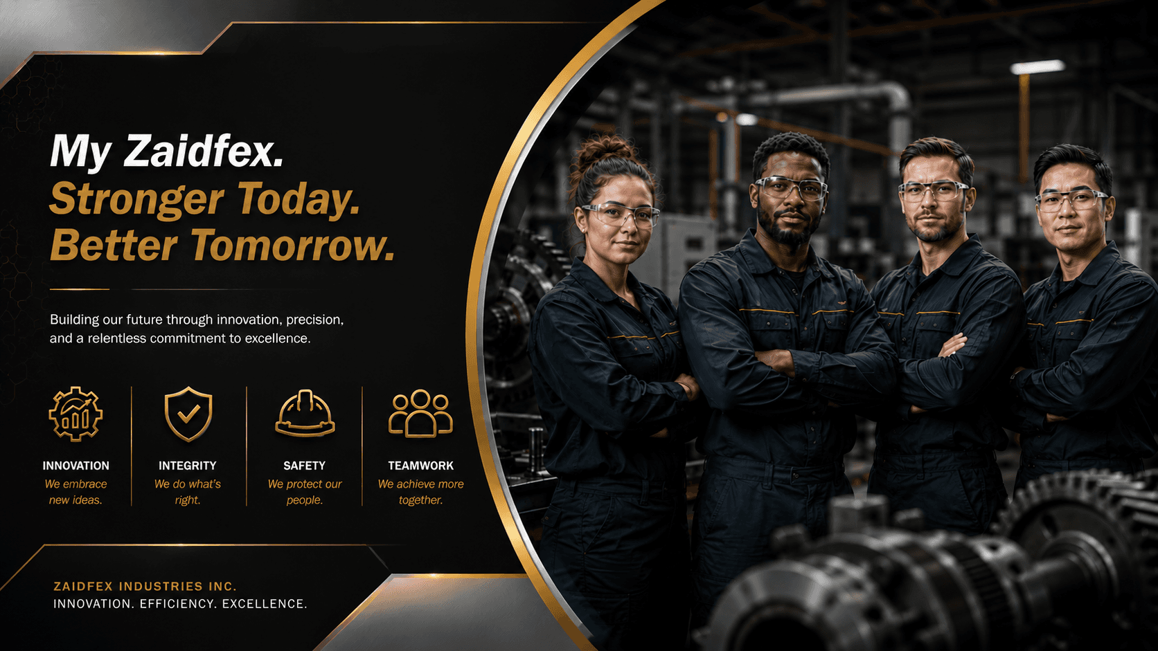 Diverse industrial workers in safety gear stand confidently in a factory for Zaidfex Industries.