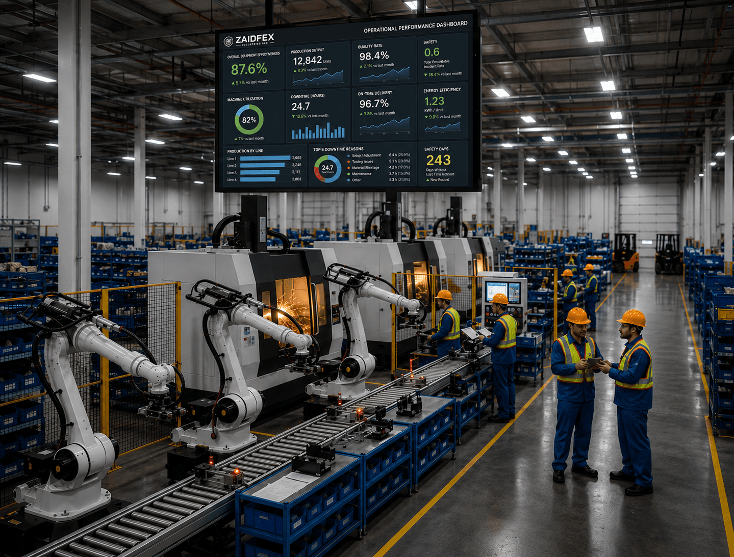 Modern factory floor with robotic arms, technicians, and a large overhead operational performance dashboard.