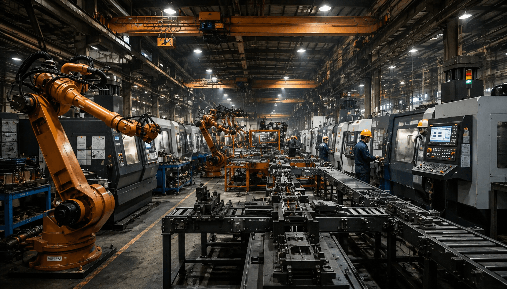 Industrial factory floor with orange robotic arms, conveyor belts, and workers in yellow hard hats.