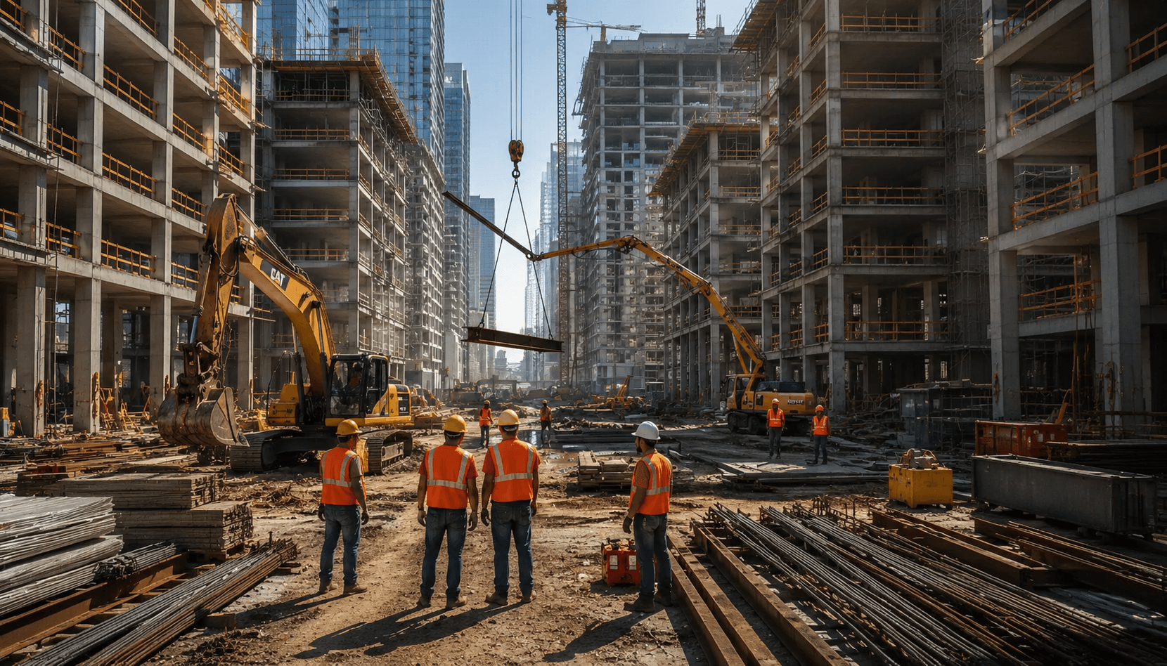 Construction workers in safety vests stand before massive skyscrapers under development with heavy machinery.