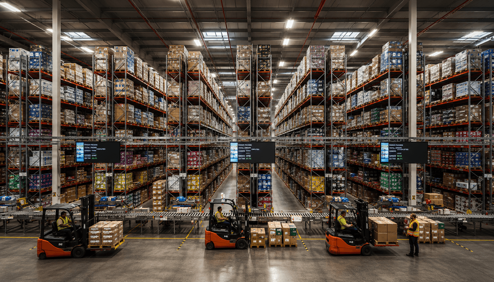 Busy warehouse interior with high storage racks, orange forklifts, and an active conveyor system.