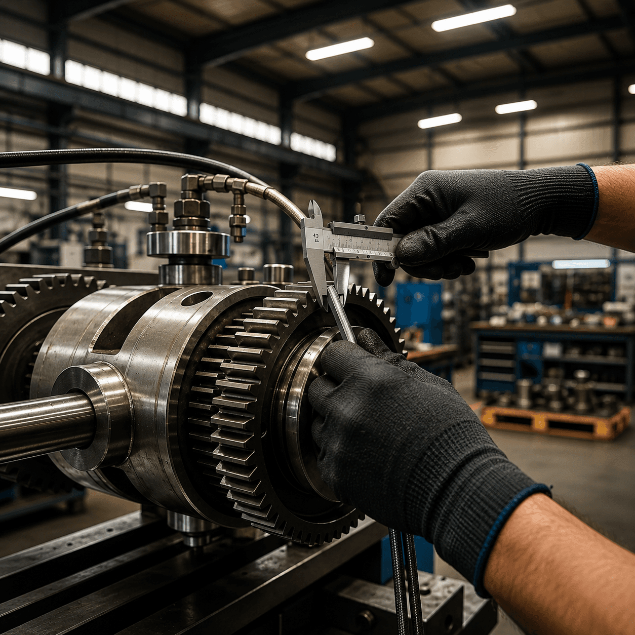 Hands in black gloves use a vernier caliper to measure a large industrial gear assembly.