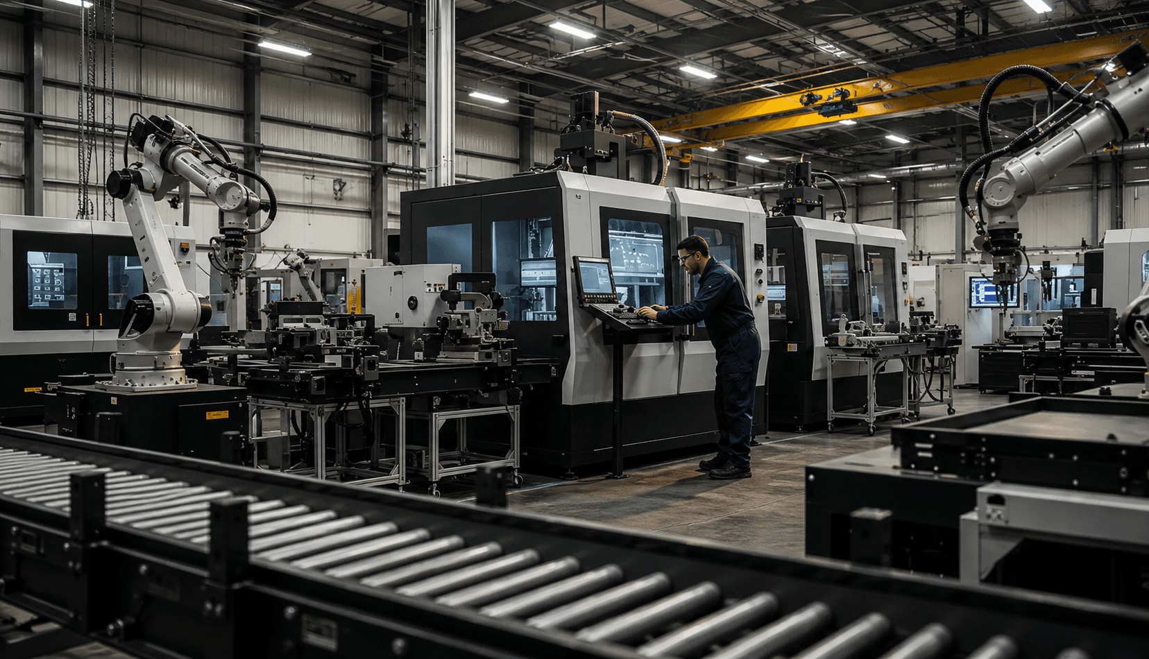 Technician operates a CNC machine in a modern factory with robotic arms and conveyors.