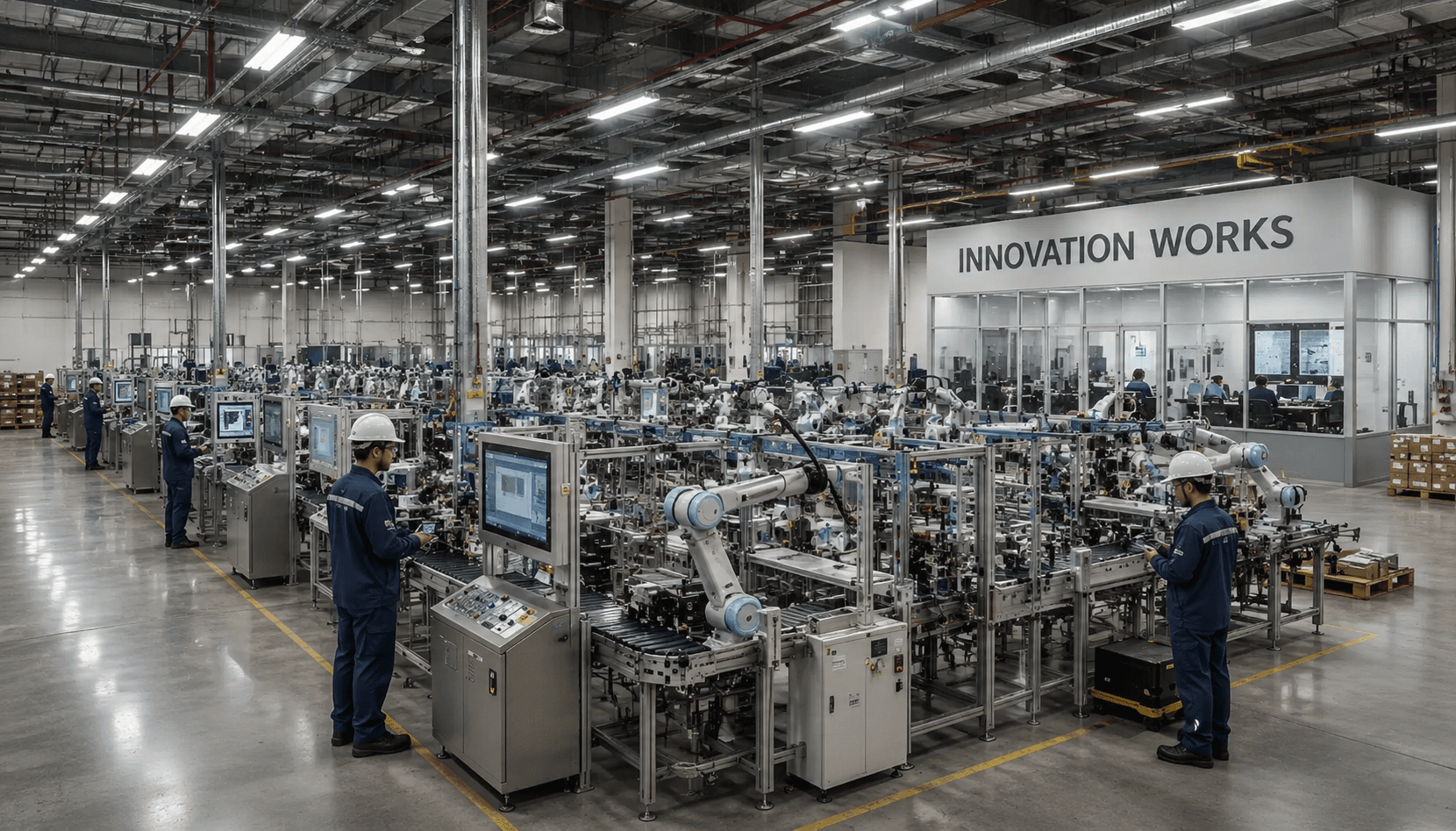 Workers in hard hats operate robotic arms and monitors in a modern industrial factory.