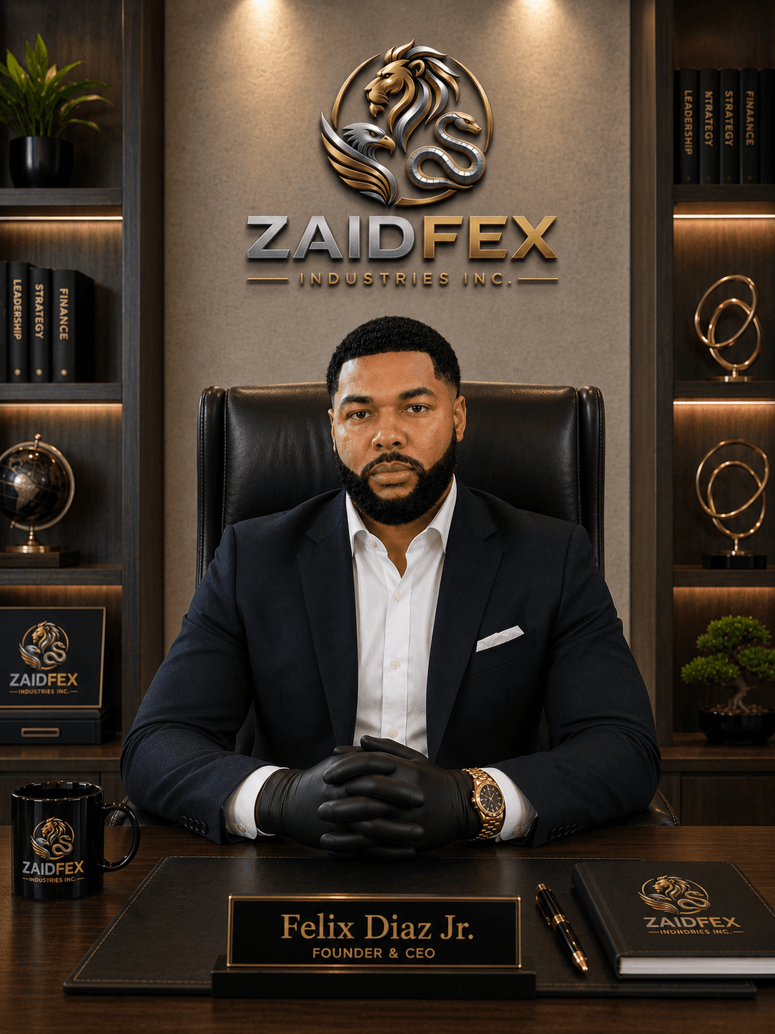 Zaidfex CEO Felix Diaz Jr. sits at a desk wearing a suit and black gloves.