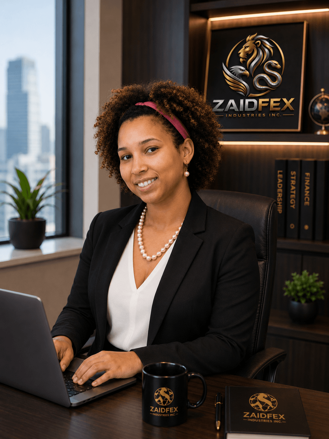 Smiling professional woman with curly hair working on a laptop in a corporate office.