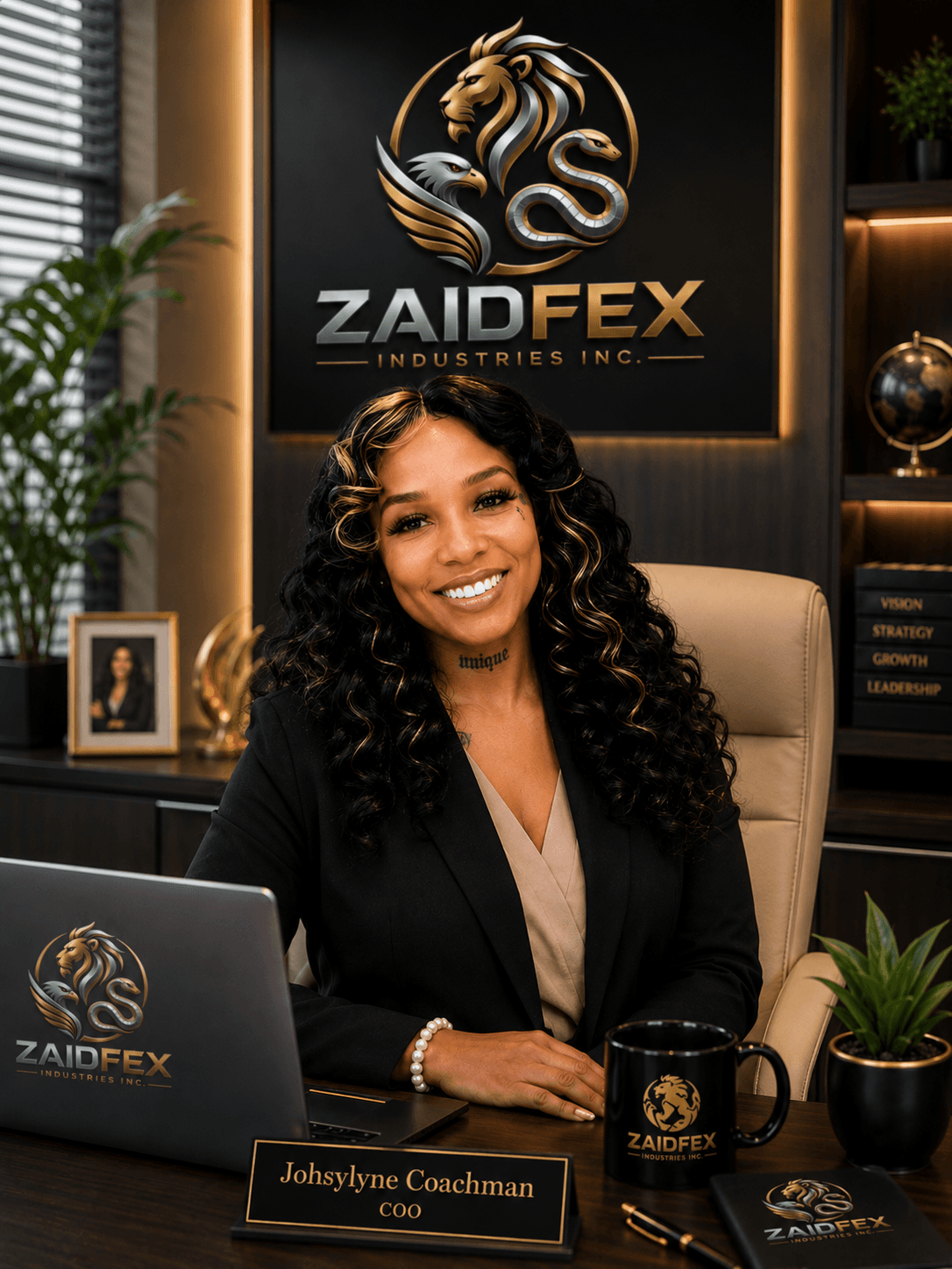 Smiling professional woman at a desk with Zaidfex Industries Inc. branding in a modern office.