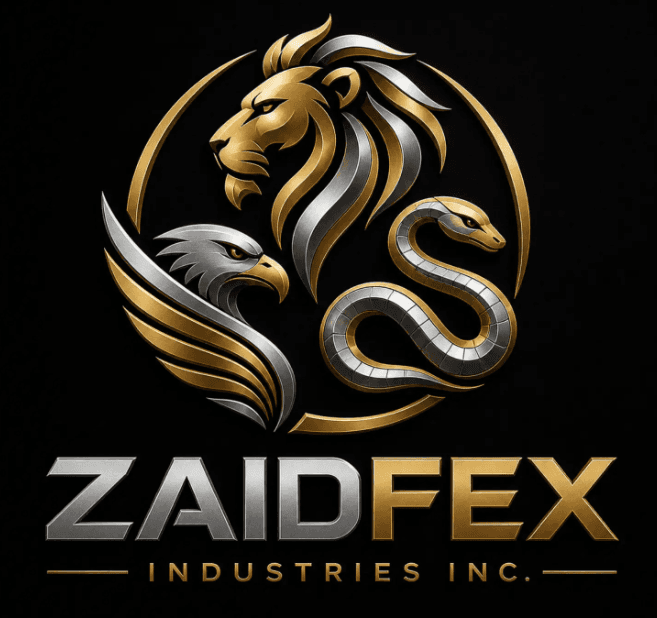 Metallic gold and silver lion, eagle, and snake emblem for Zaidfex Industries Inc. on black.