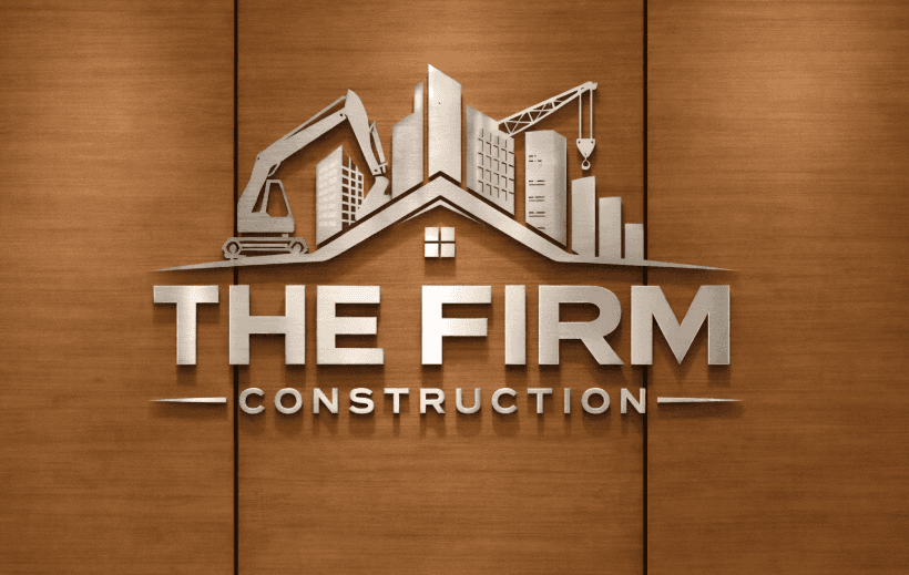 Brushed metal logo for The Firm Construction featuring an excavator, crane, and city skyline.
