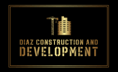 Gold Diaz Construction and Development logo with crane and building icons on black background.