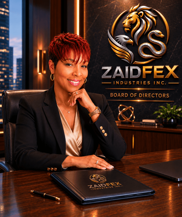 Professional woman with red hair sitting at a desk before a Zaidfex Industries corporate logo.