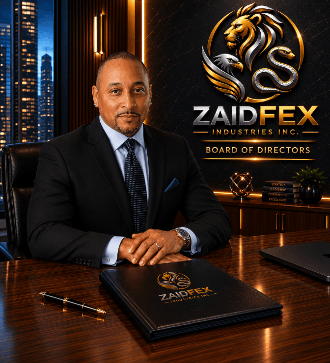 Man in a suit at a desk featuring a Zaidfex Industries Board of Directors logo.