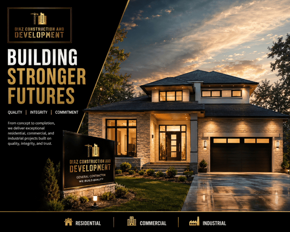 Modern two-story stone house at sunset with Diaz Construction and Development branding and text.